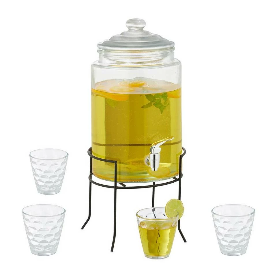 relaxdays Getränkespender Getränkespender Set mit 4 Trinkgläsern 1 relaxdays Getränkespender Getränkespender Set mit 4 Trinkgläsern