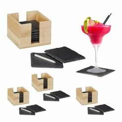 relaxdays Getränkeuntersetzer »32 x Schiefer Untersetzer Bambusbox«